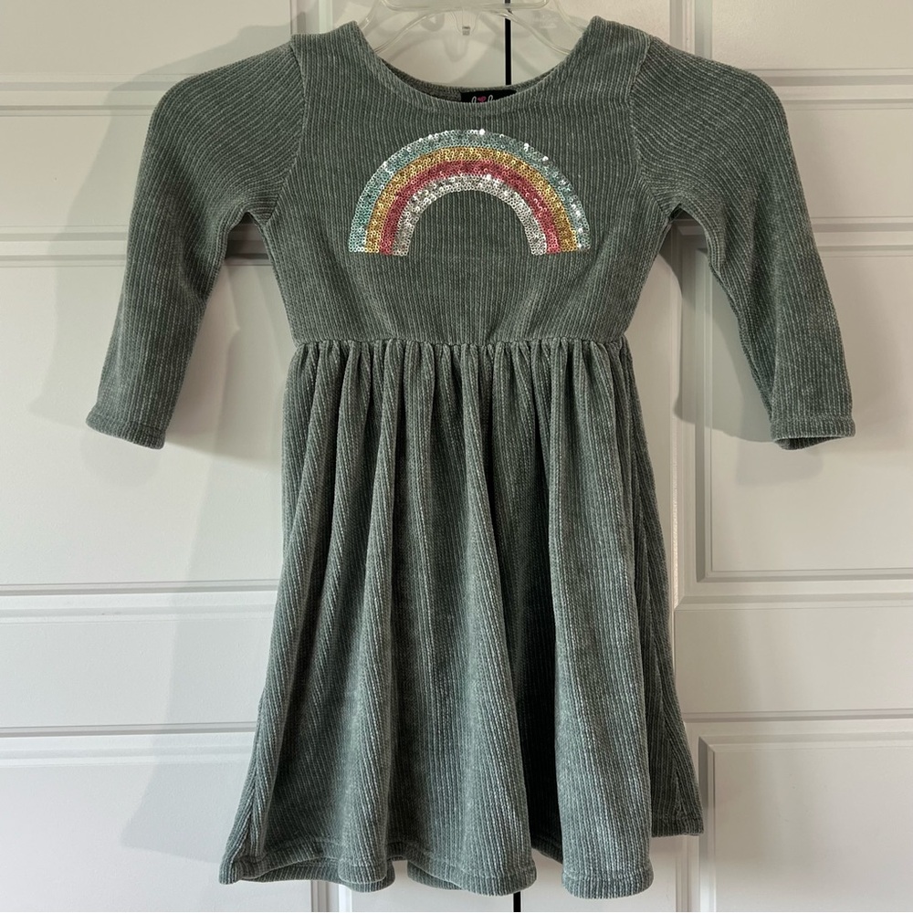 Lilt Girls Dress Size 5T Green Corduroy Rainbow Sequin Long Sleeve Casual